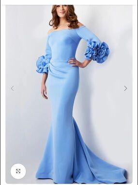 Jovani Light Blue Off-Shoulder Mermaid Gown with Floral Sleeve Rosettes